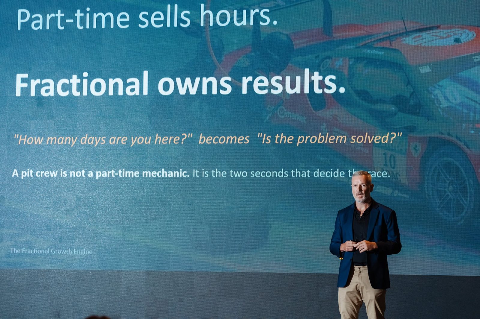 Jerome Le Louer in front of the slide Fractional owns results: how many days are you here becomes is the problem solved